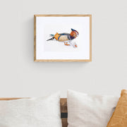 Mandarin duck hand embroidered limited edition print in frame on the wall