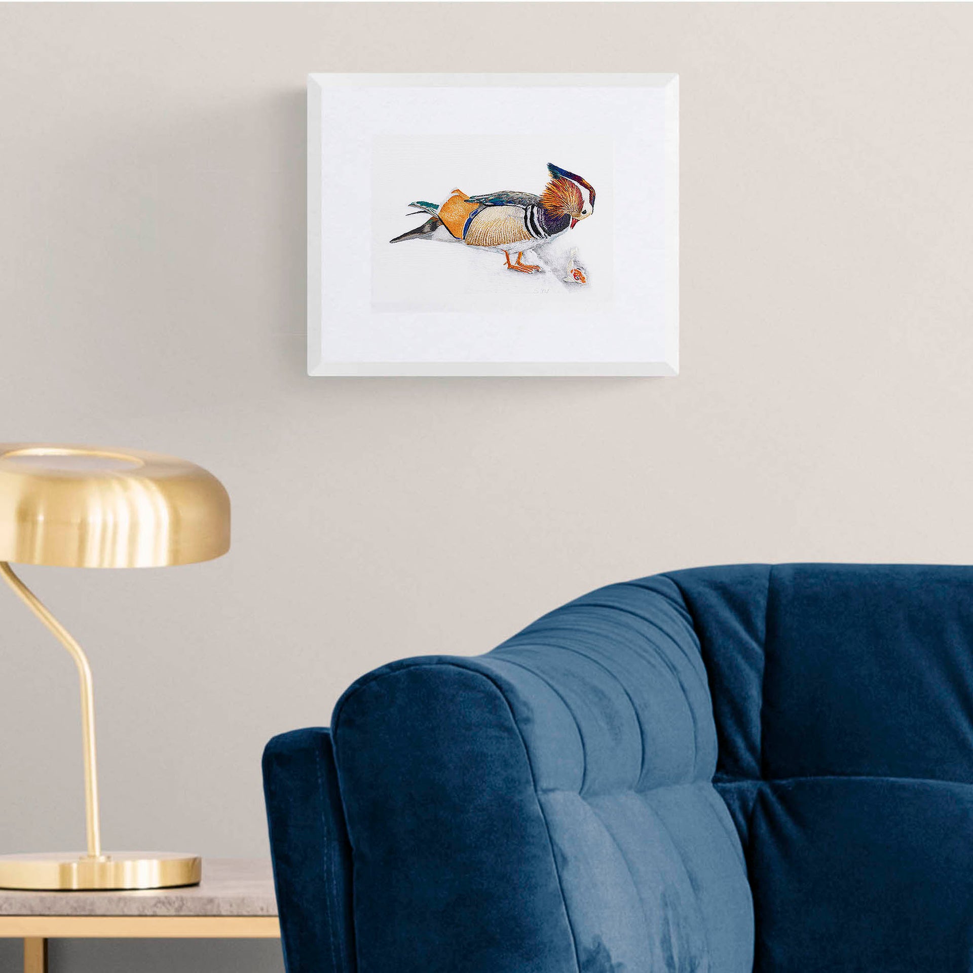 Mandarin duck hand embroidered limited edition print in frame on the wall