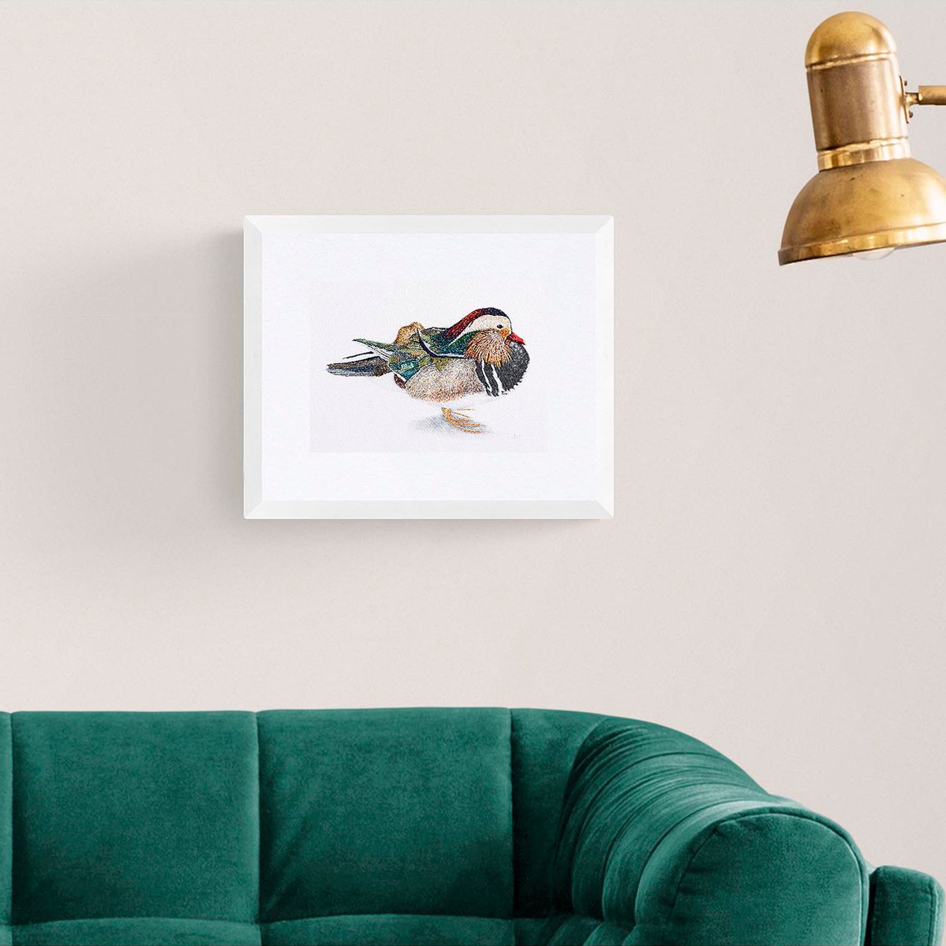 Mandarin duck hand embroidered limited edition print in frame on the wall