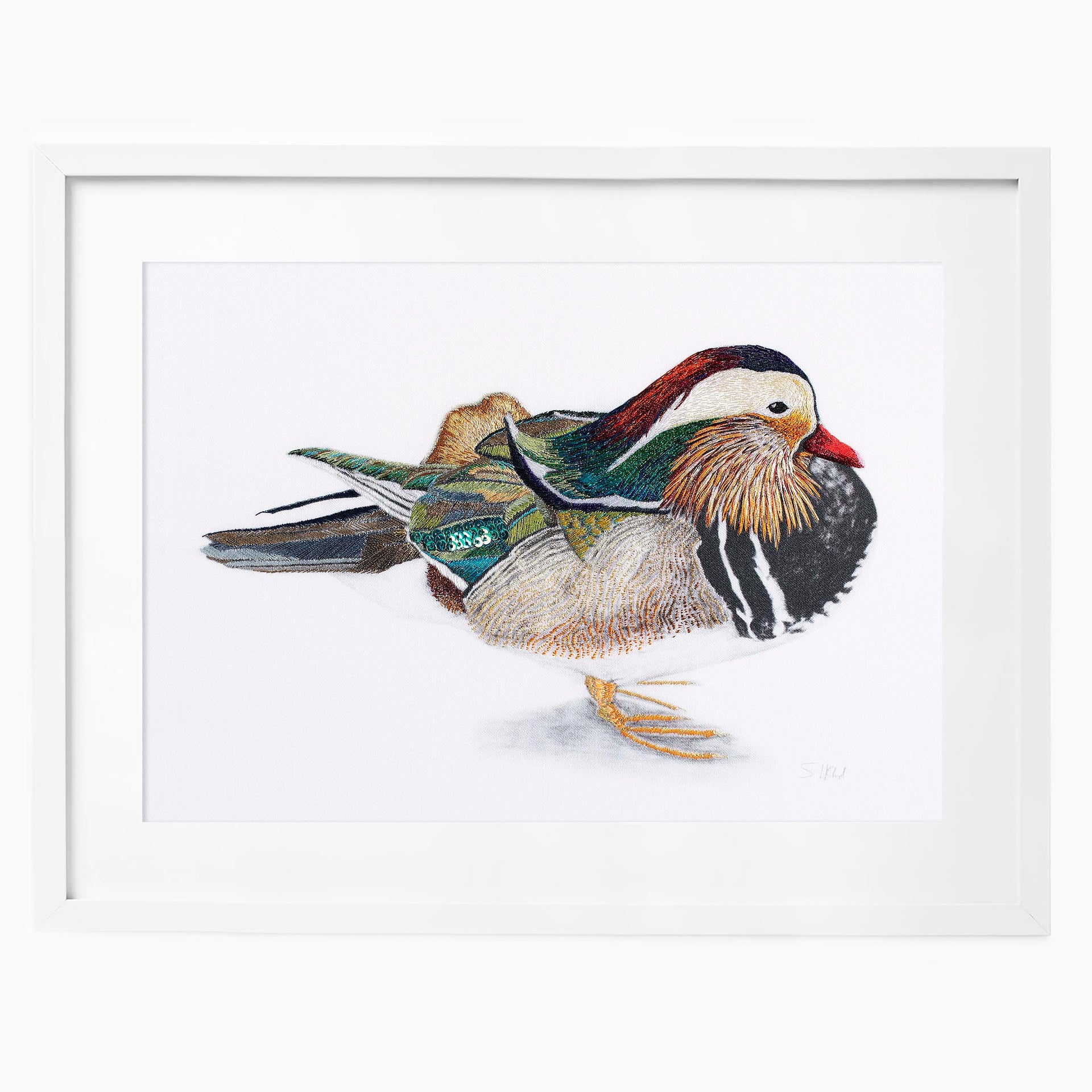 Mandarin duck hand embroidered limited edition print in white frame