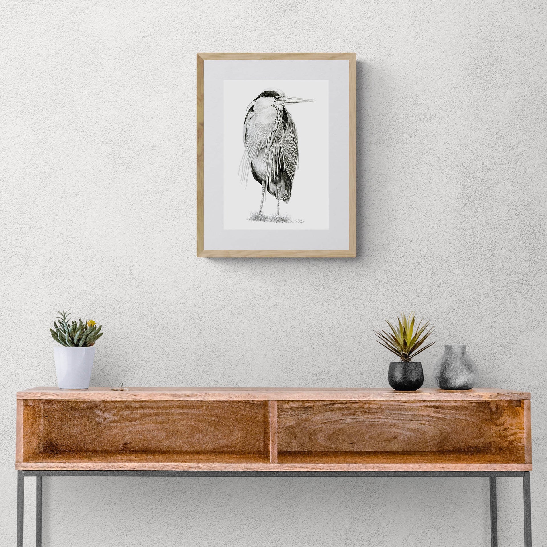 Heron pencil drawing print in frame on the wall
