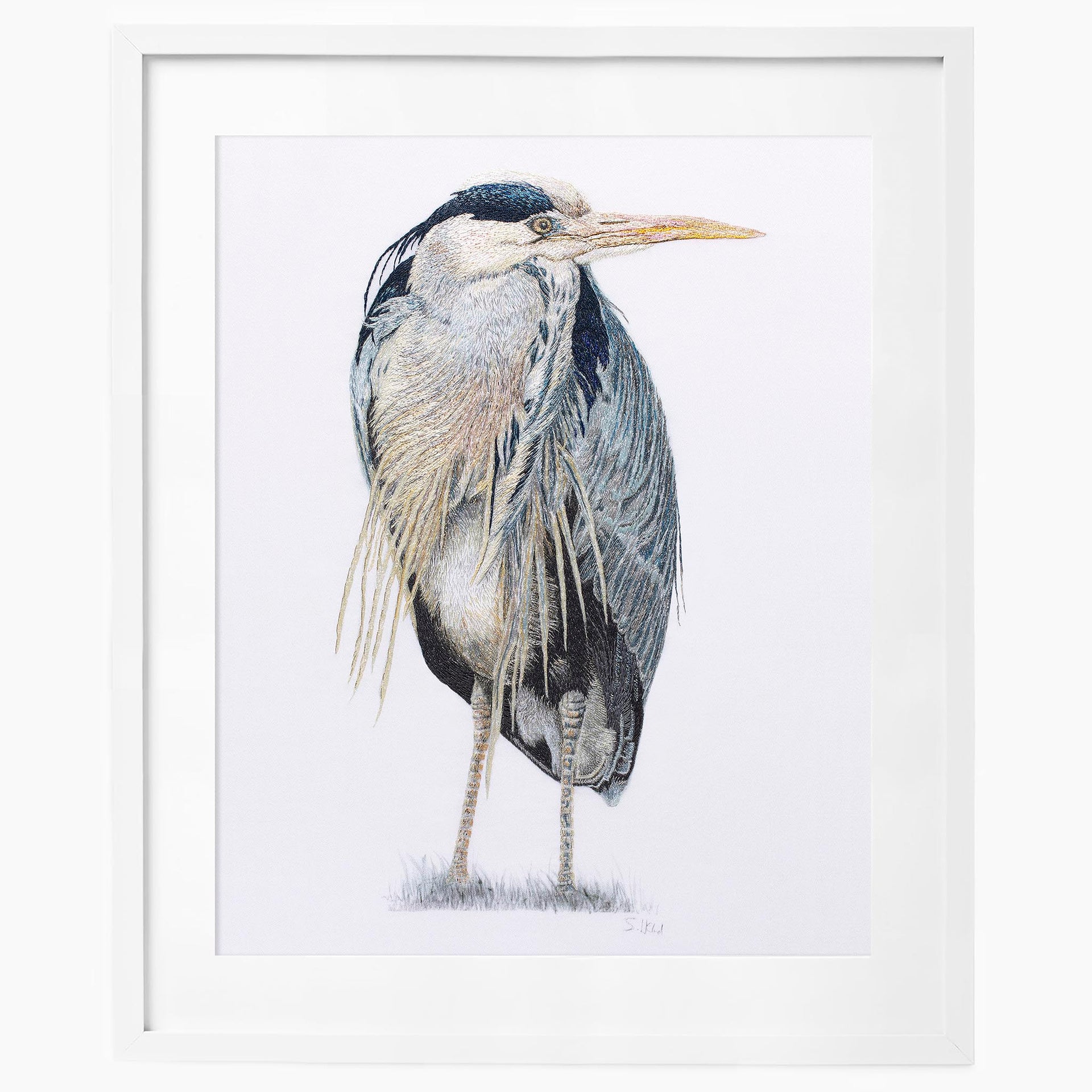 Heron hand embroidered limited edition print in white frame