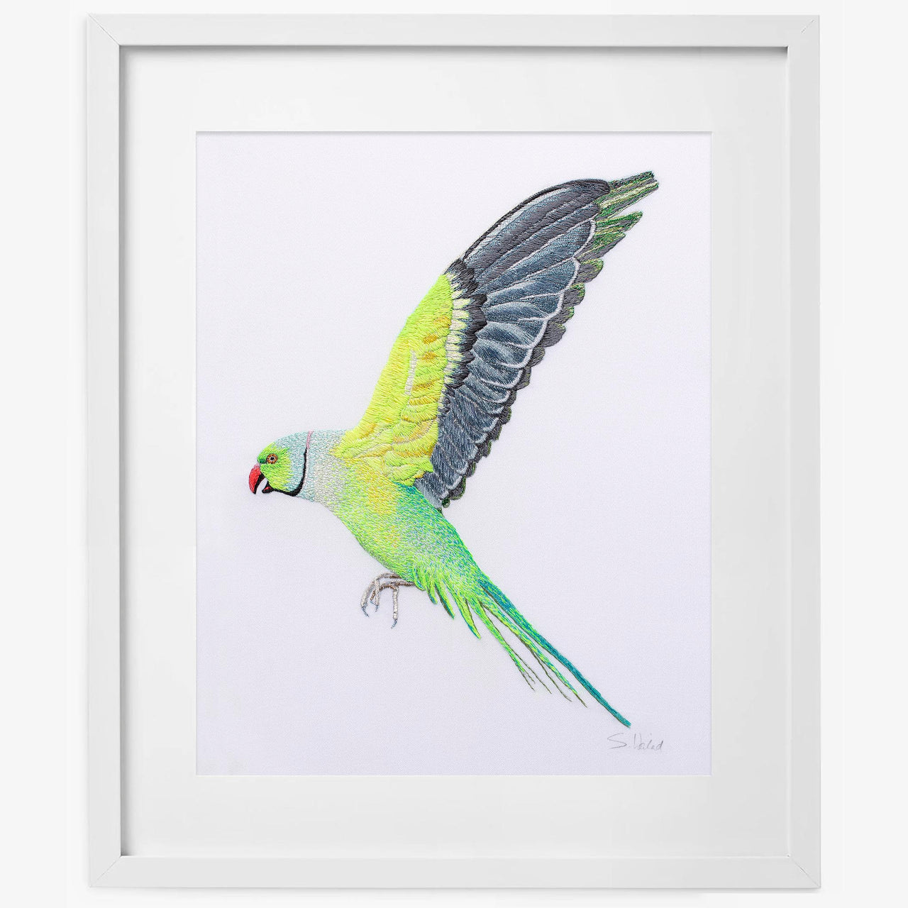 Flying parakeet hand embroidery limited edition print in white frame
