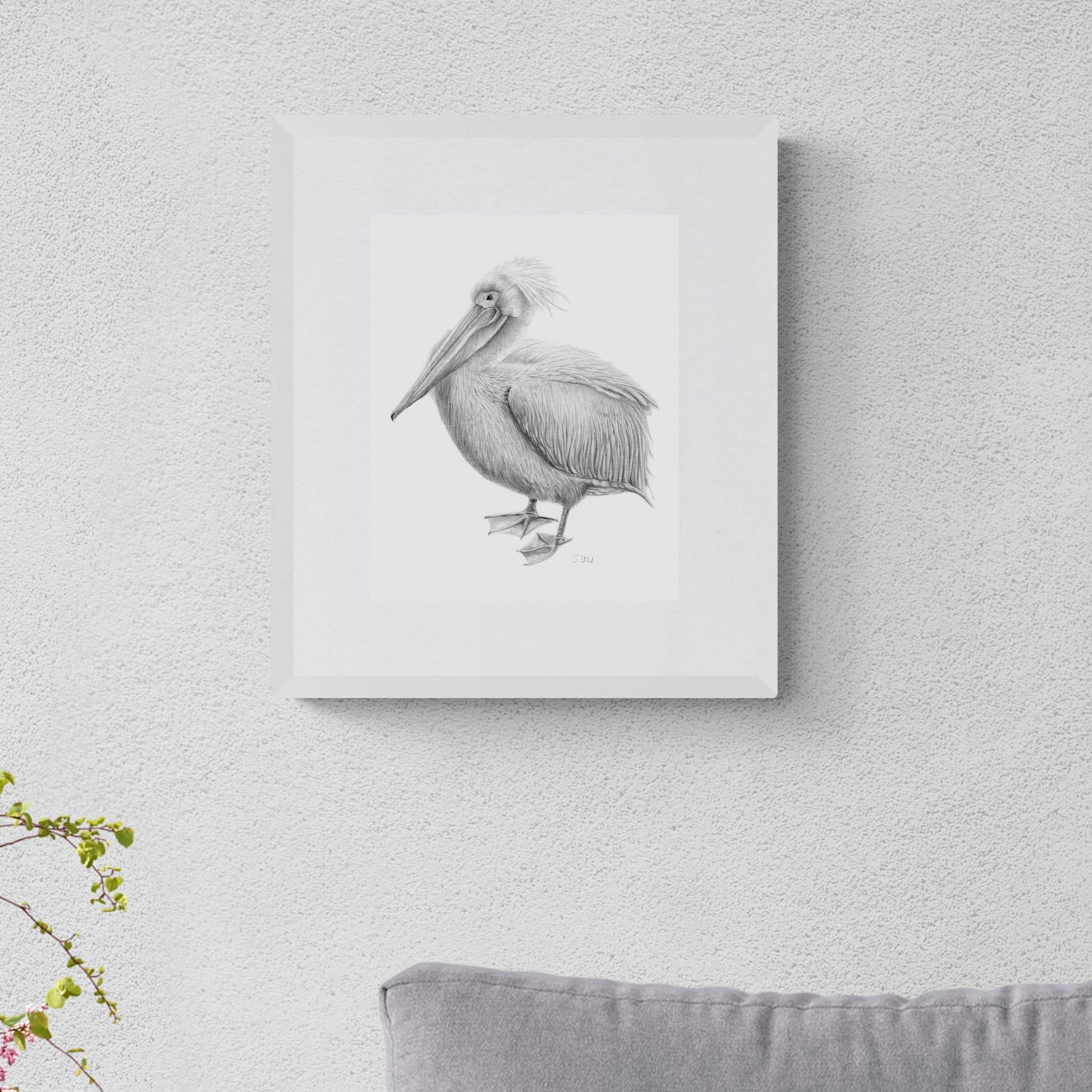 Pelican pencil drawing print in white frame on the wall