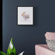 Pelican hand embroidered limited edition print in black frame on the wall