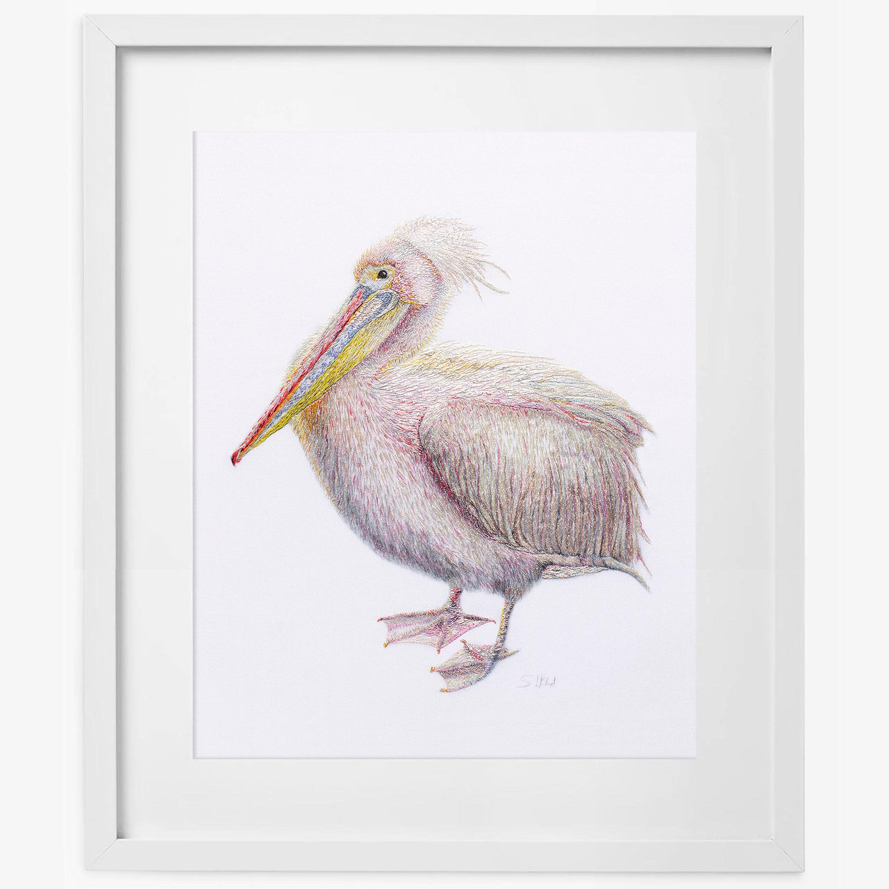 Pelican hand embroidered limited edition print in white frame