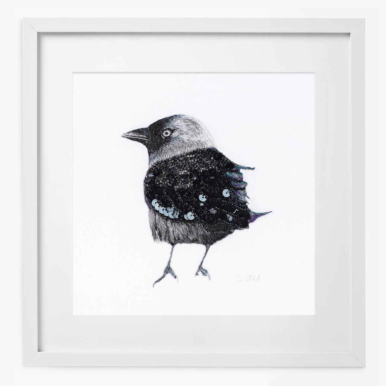 Limited edition print of hand embroidered bird with beads and sequins in white frame