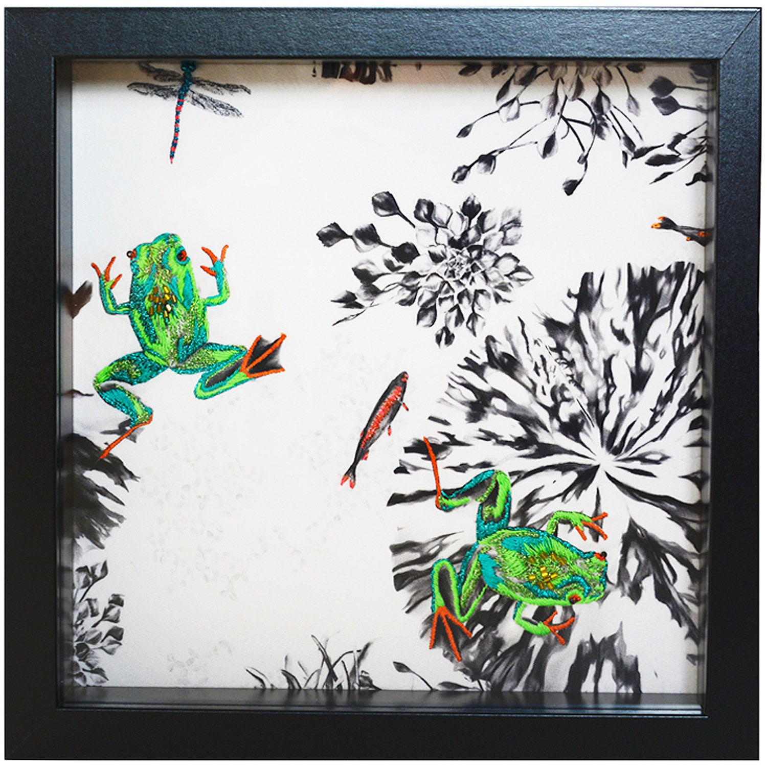 Hand Embroidered Frogs Artwork