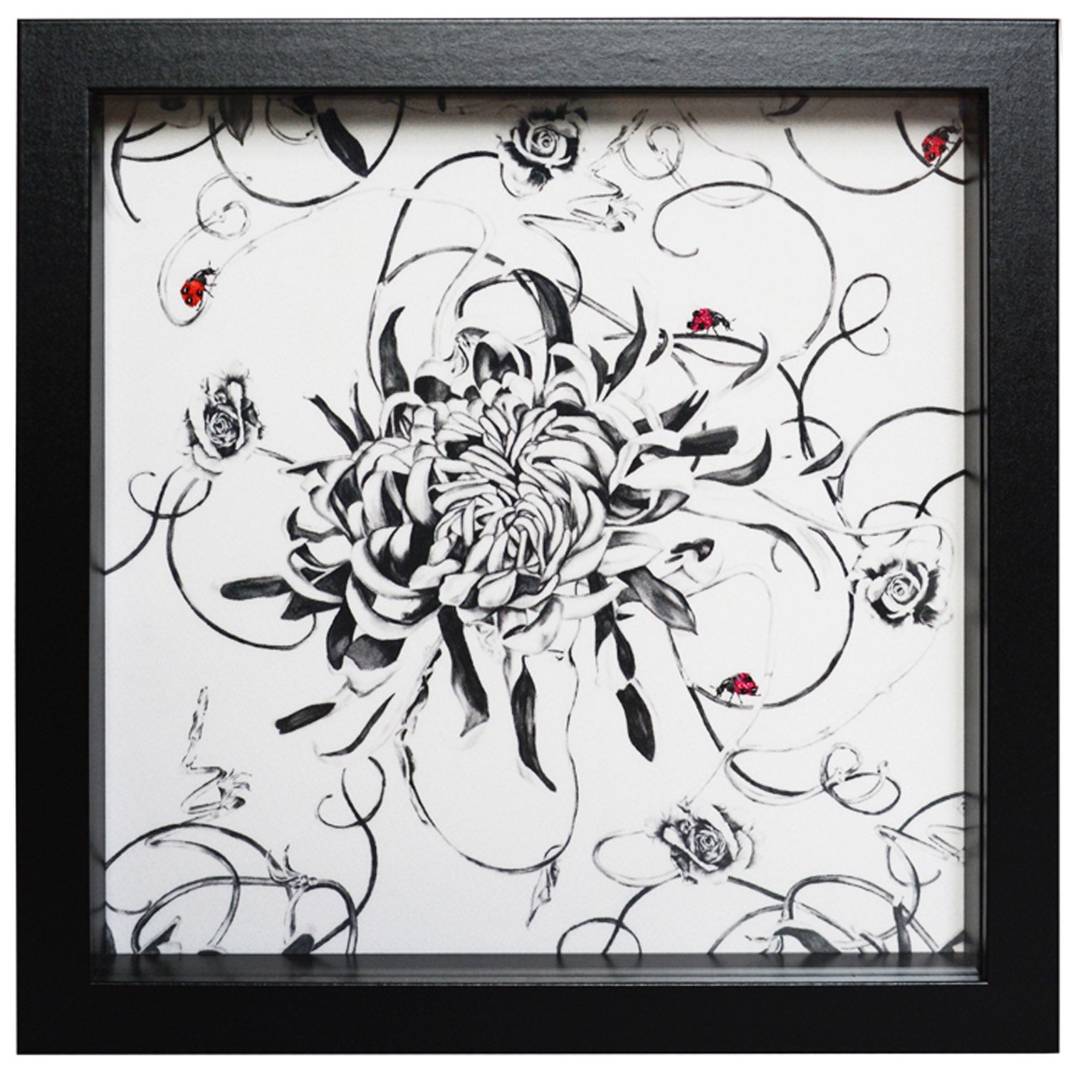 Monochrome floral design with hand embroidered ladybirds artwork