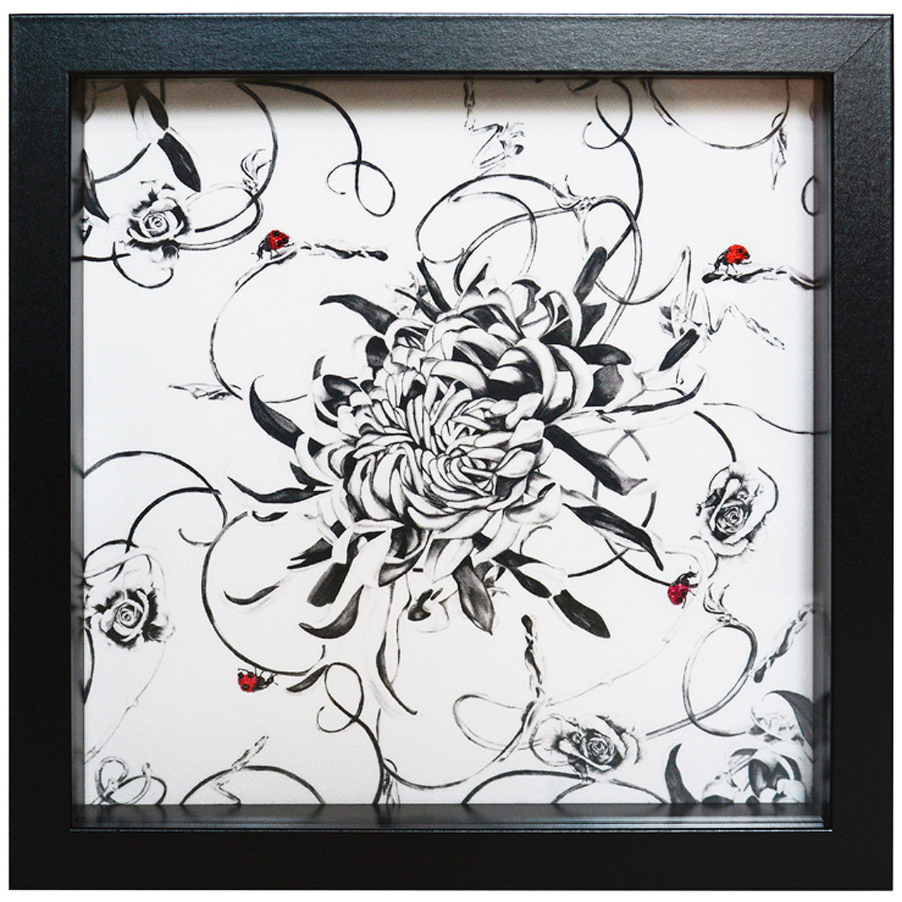 Artwork with monochrome floral design and hand embroidered ladybirds 