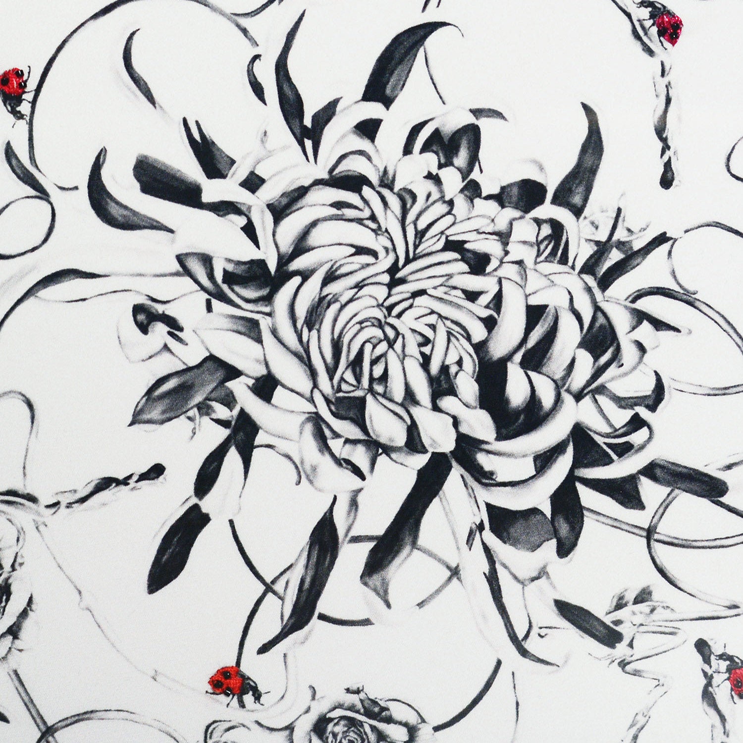 Artwork with monochrome floral design and hand embroidered ladybirds close up