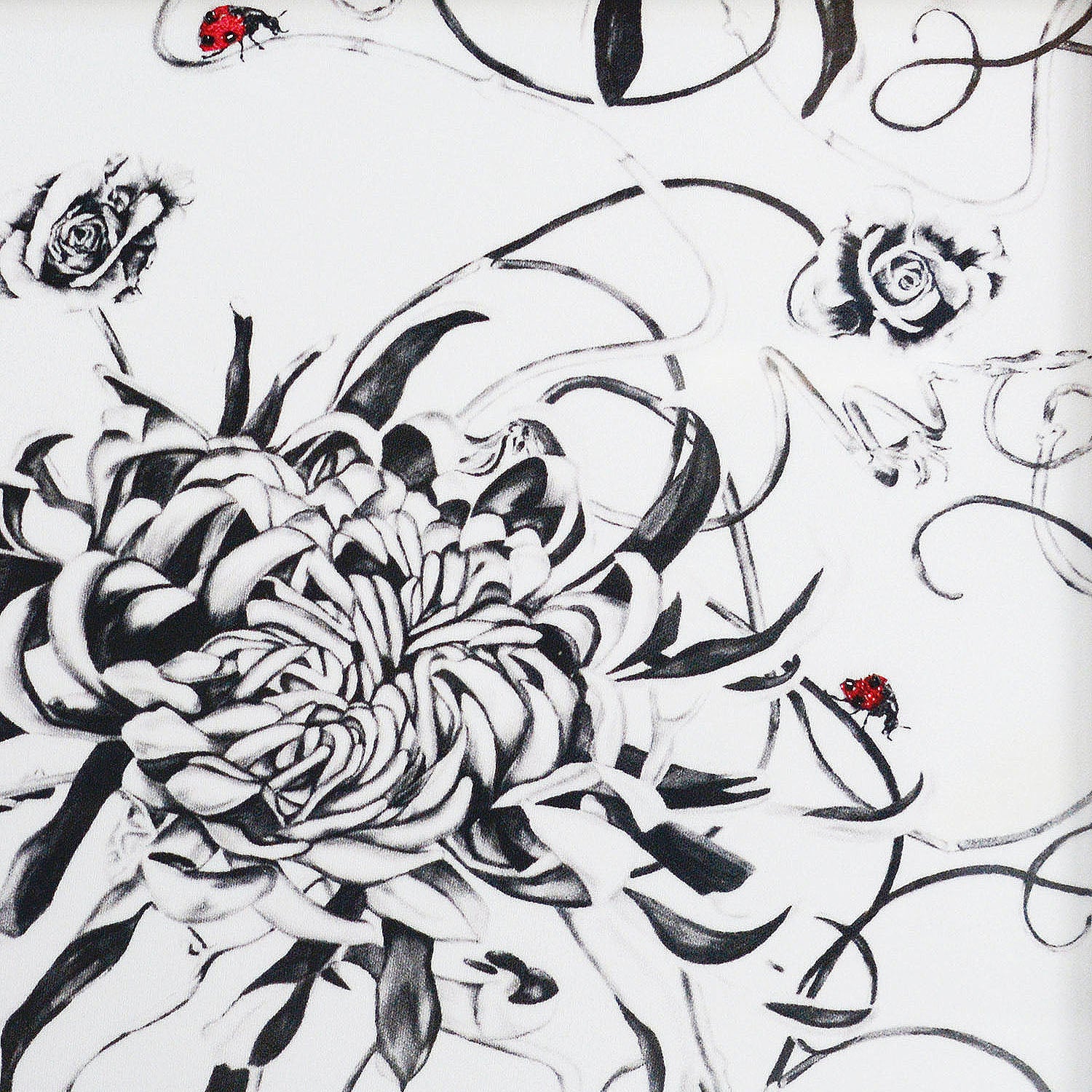 Artwork with monochrome floral design and hand embroidered ladybirds 