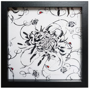 Artwork with monochrome floral design and hand embroidered ladybirds 