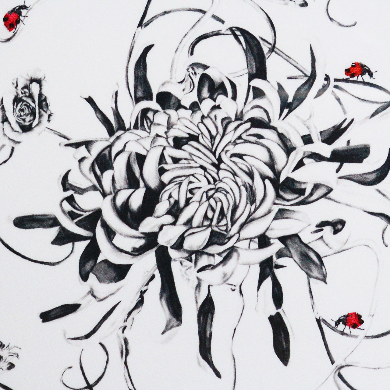 Artwork with monochrome floral design and hand embroidered ladybirds close up