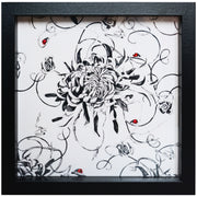 Artwork with monochrome floral design and hand embroidered ladybirds 