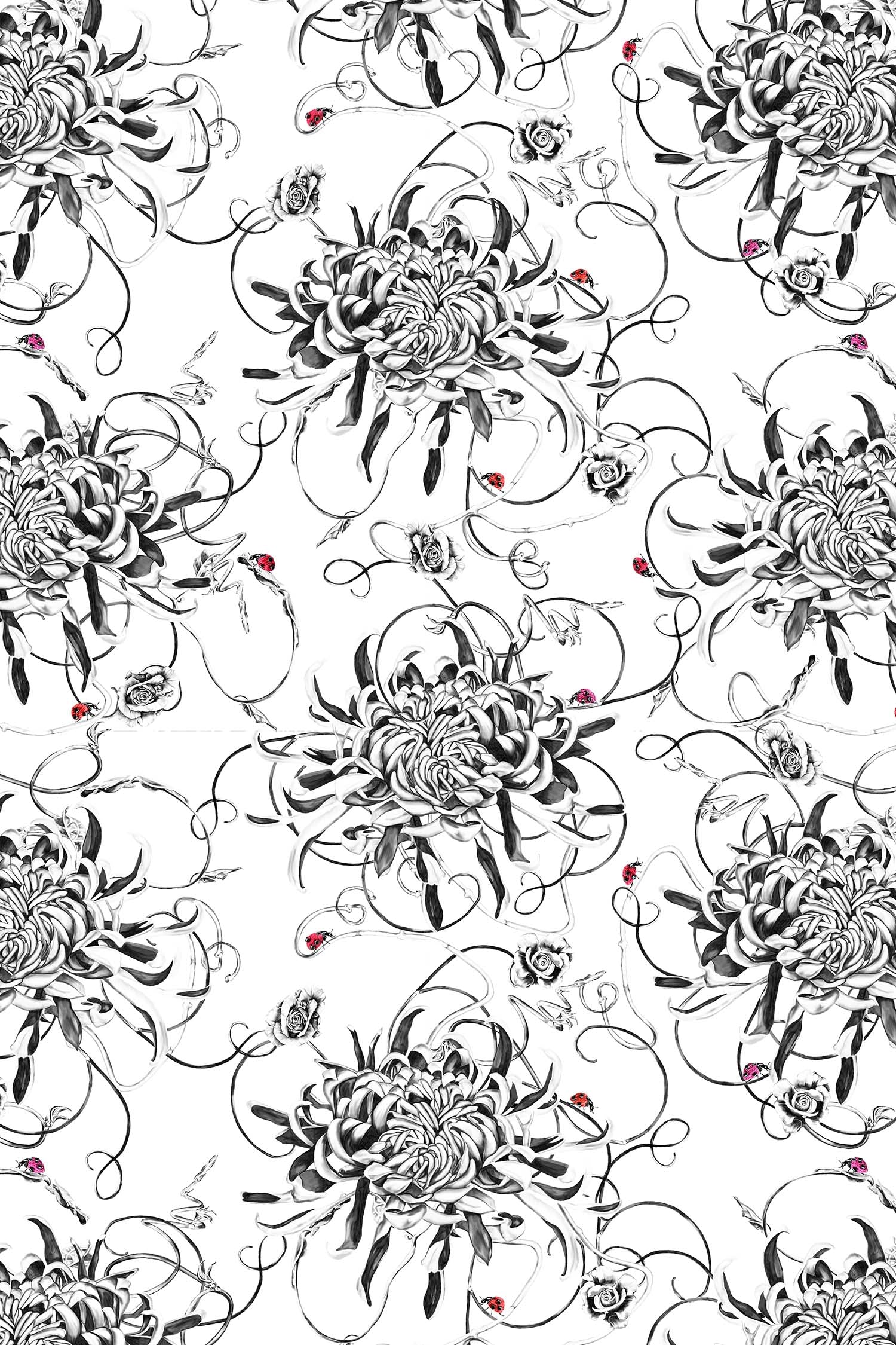  Monochrome floral wallpaper with red ladybirds 