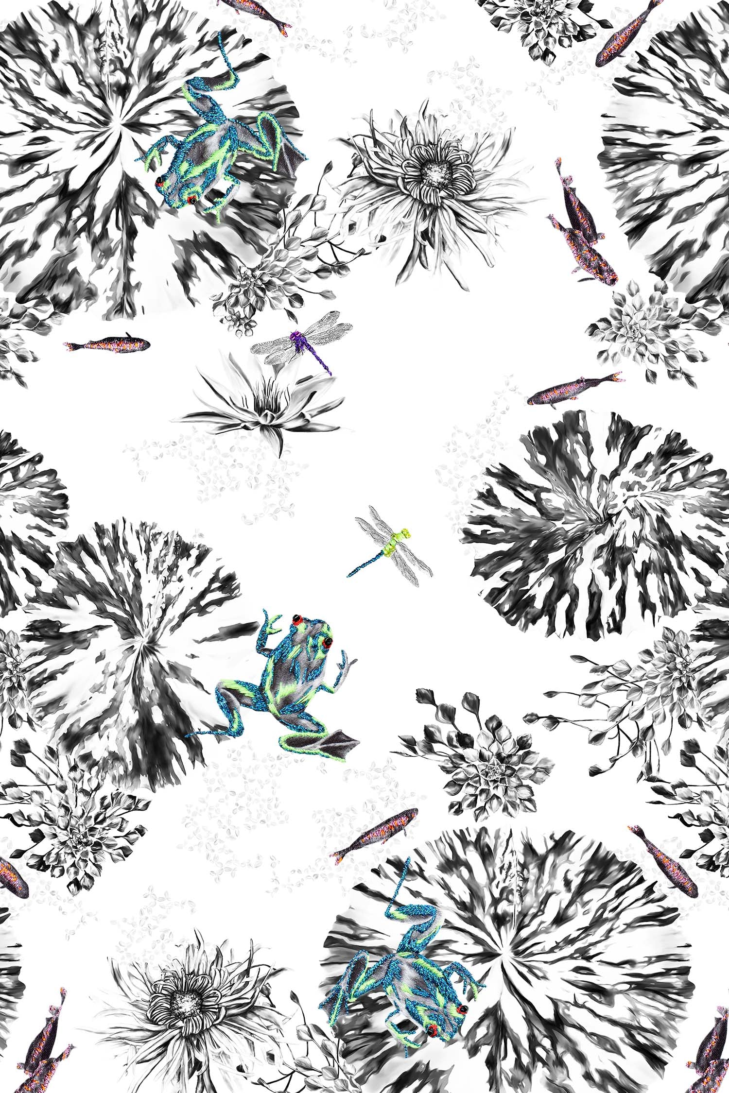 Frogs, fish and dragonfly lily pad fabric sample 