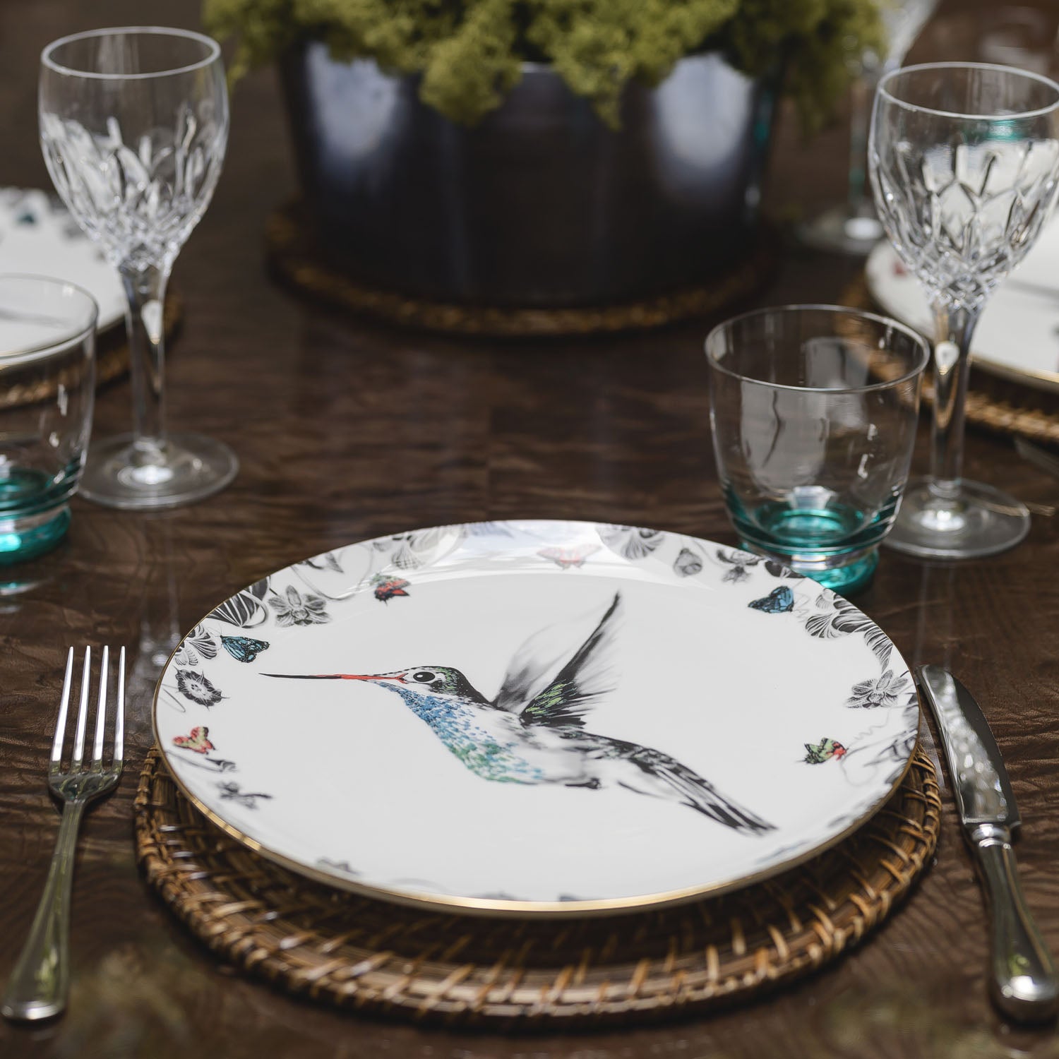 Hummingbird Bone Chine Plate in table setting