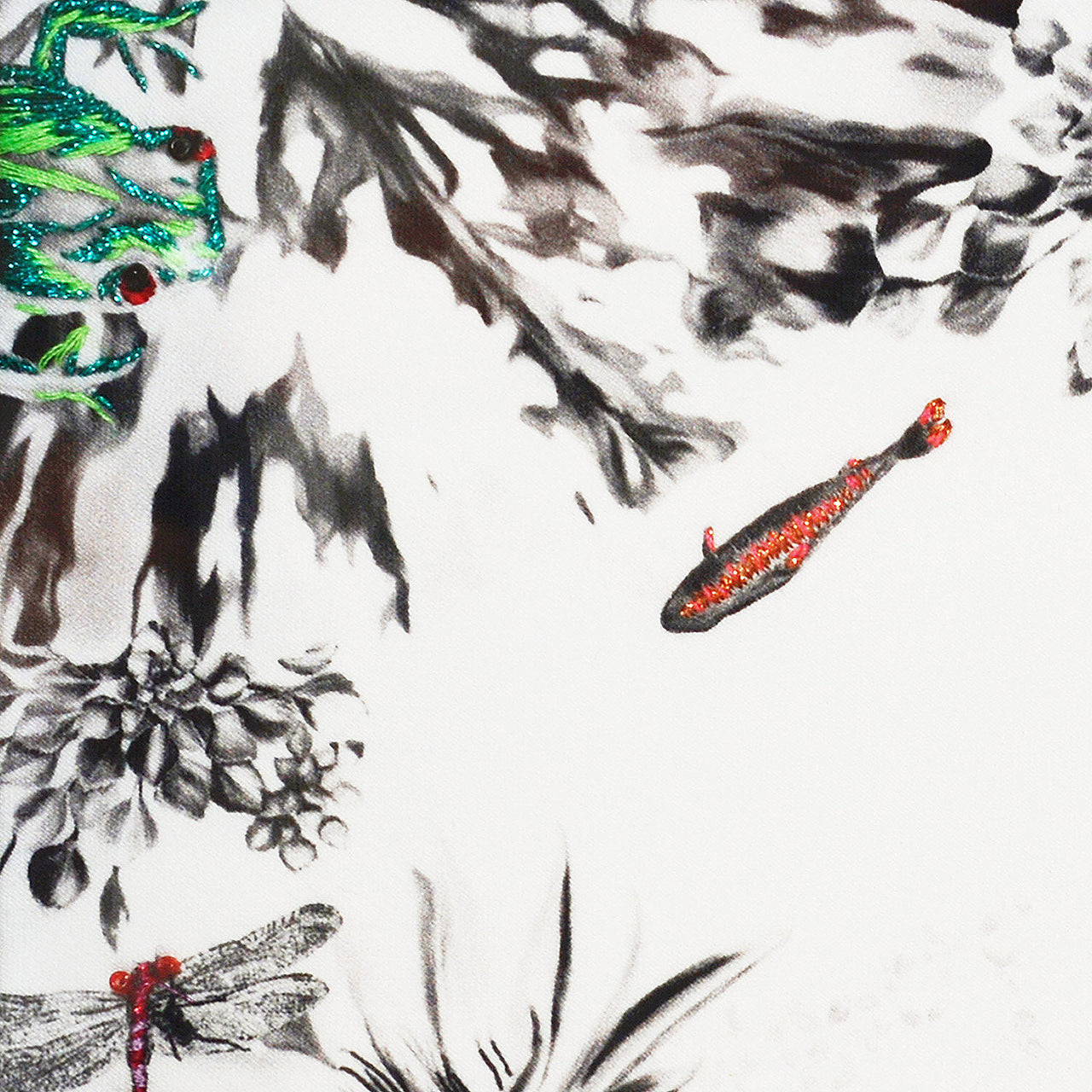 Hand Embroidered Frogs Artwork close up