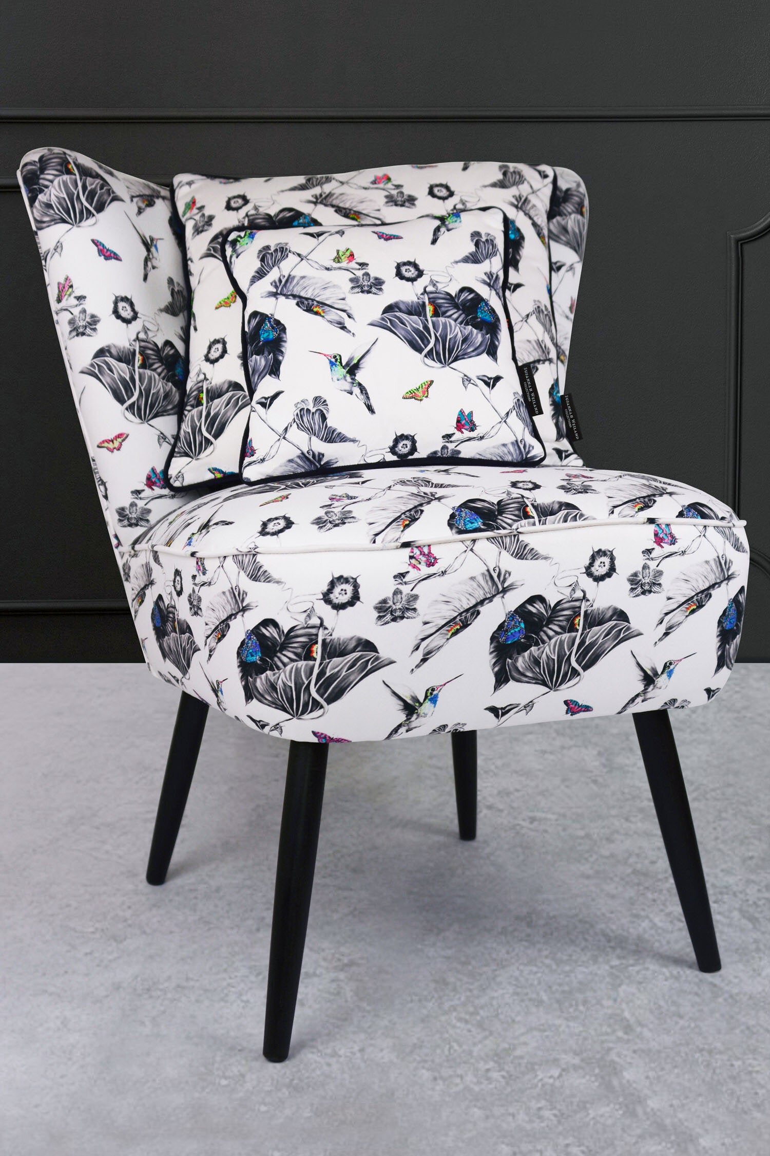 cocktail chair with multi hummingbirds fabric and cushions