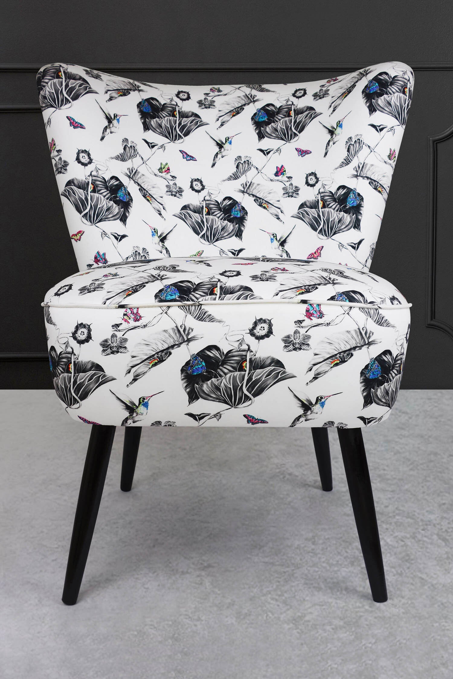 cocktail chair with multi hummingbirds fabric front view