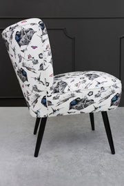 cocktail chair with multi hummingbirds fabric side view