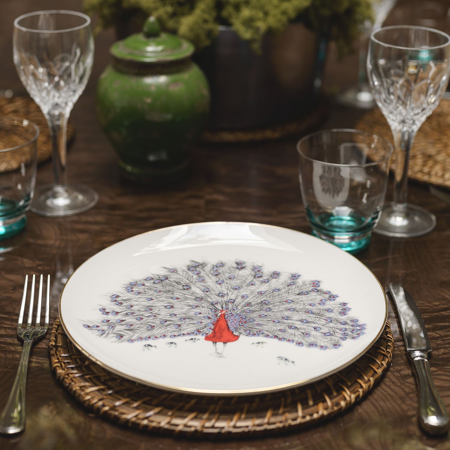 Peacock Bone Chine Plate in table setting