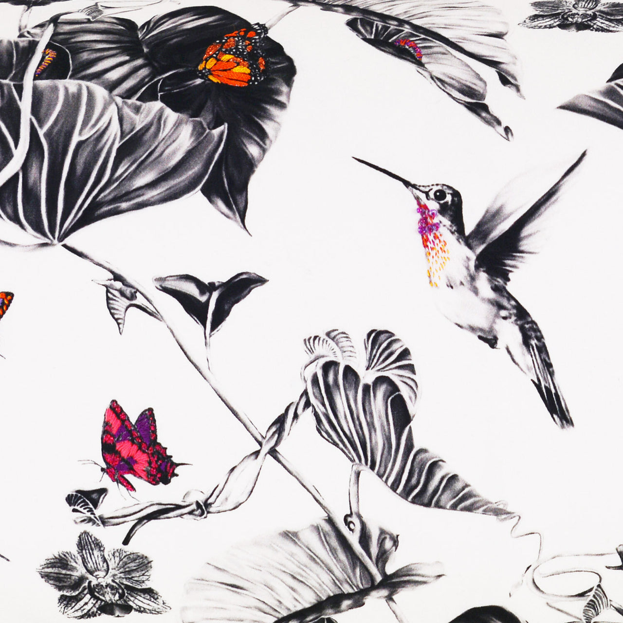 Hummingbirds and Butterflies Hand Embroidered Bolster Cushion close up