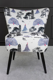 cocktail chair with pink peacocks fabric front view