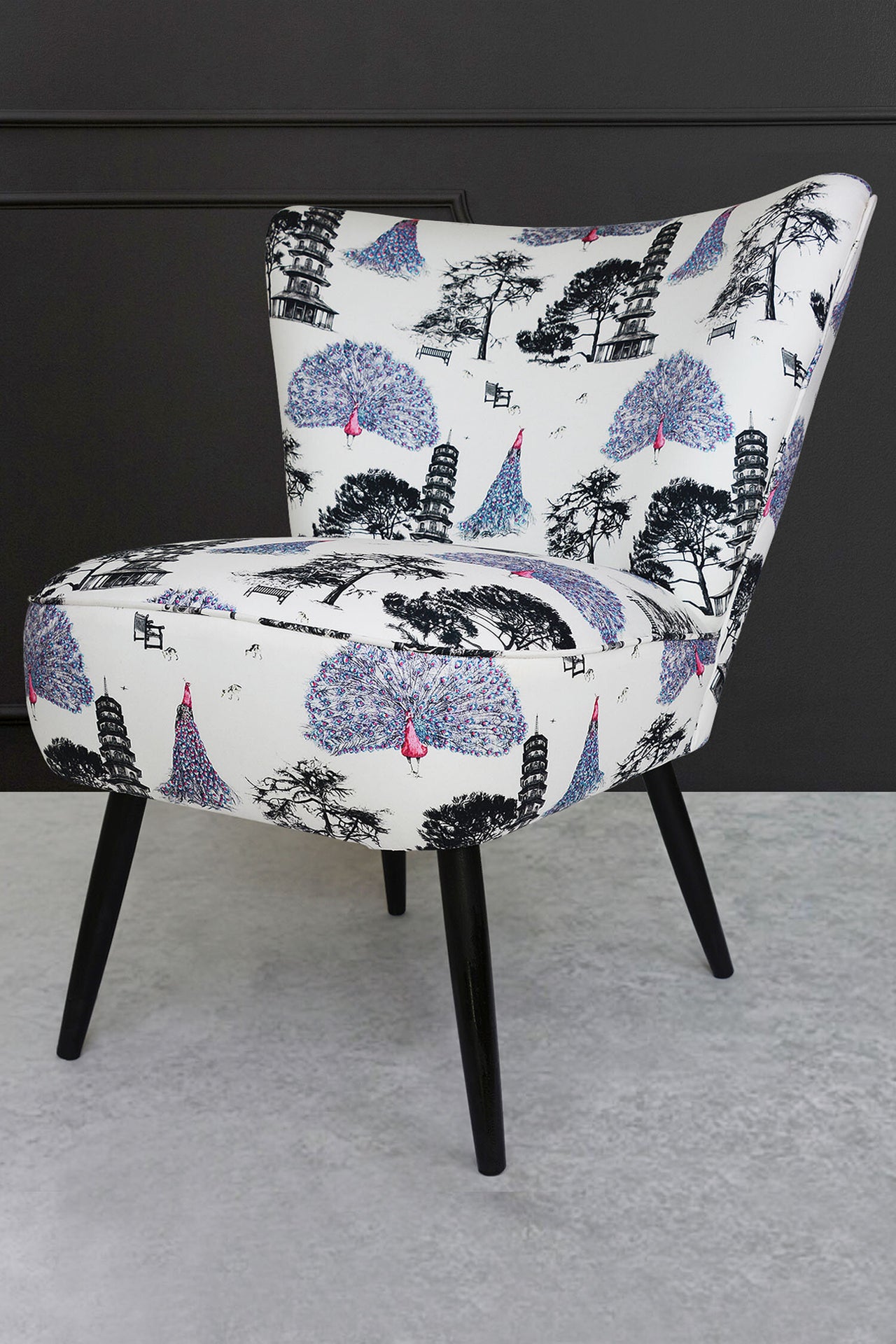 cocktail chair with pink peacocks fabric