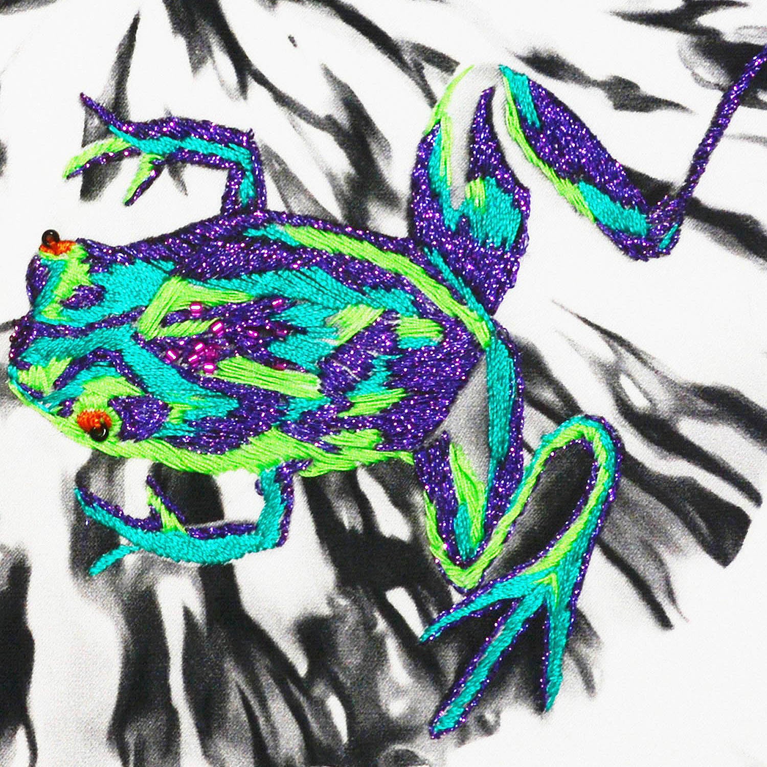 Hand Embroidered Frogs Artwork close up