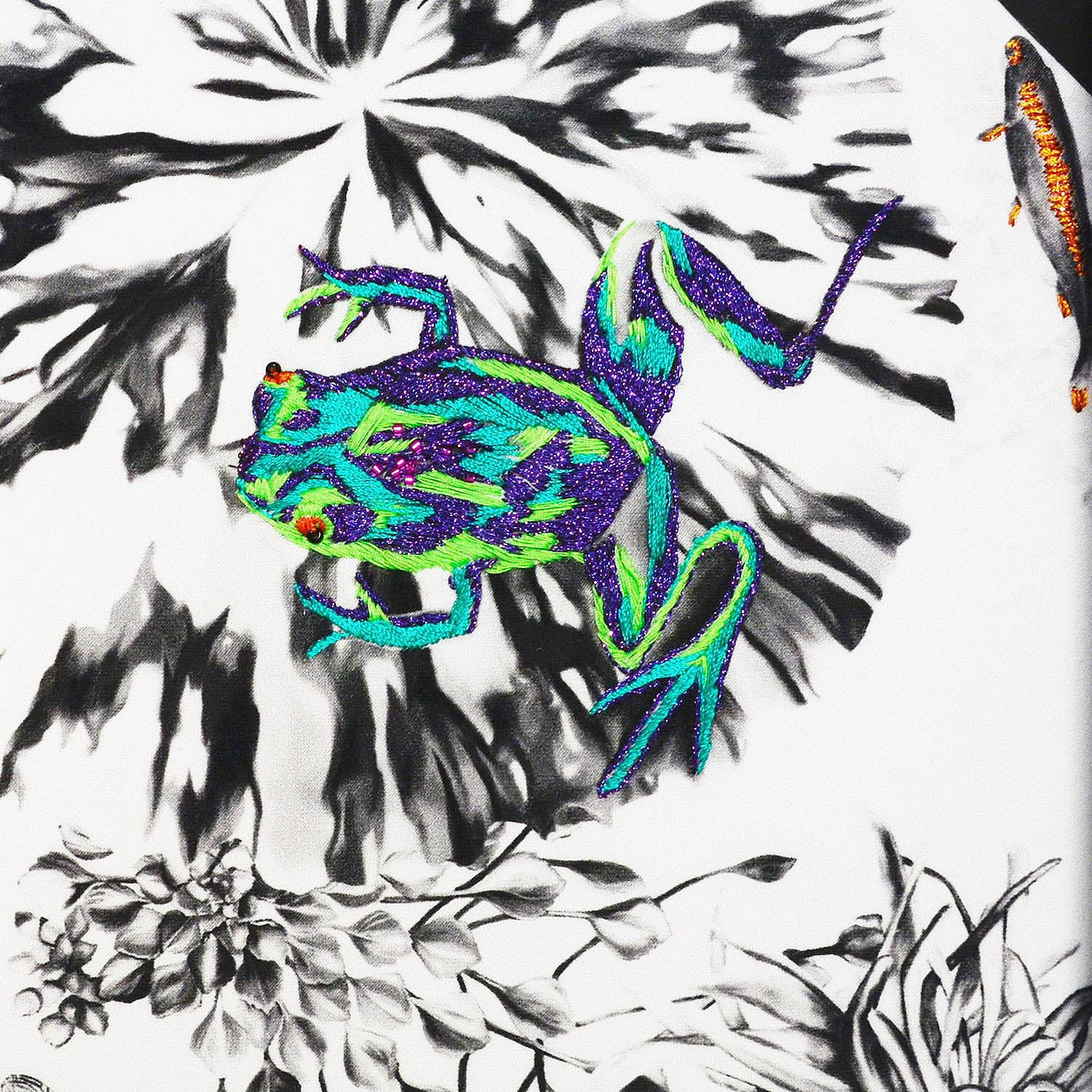 Hand Embroidered Frogs Artwork close up