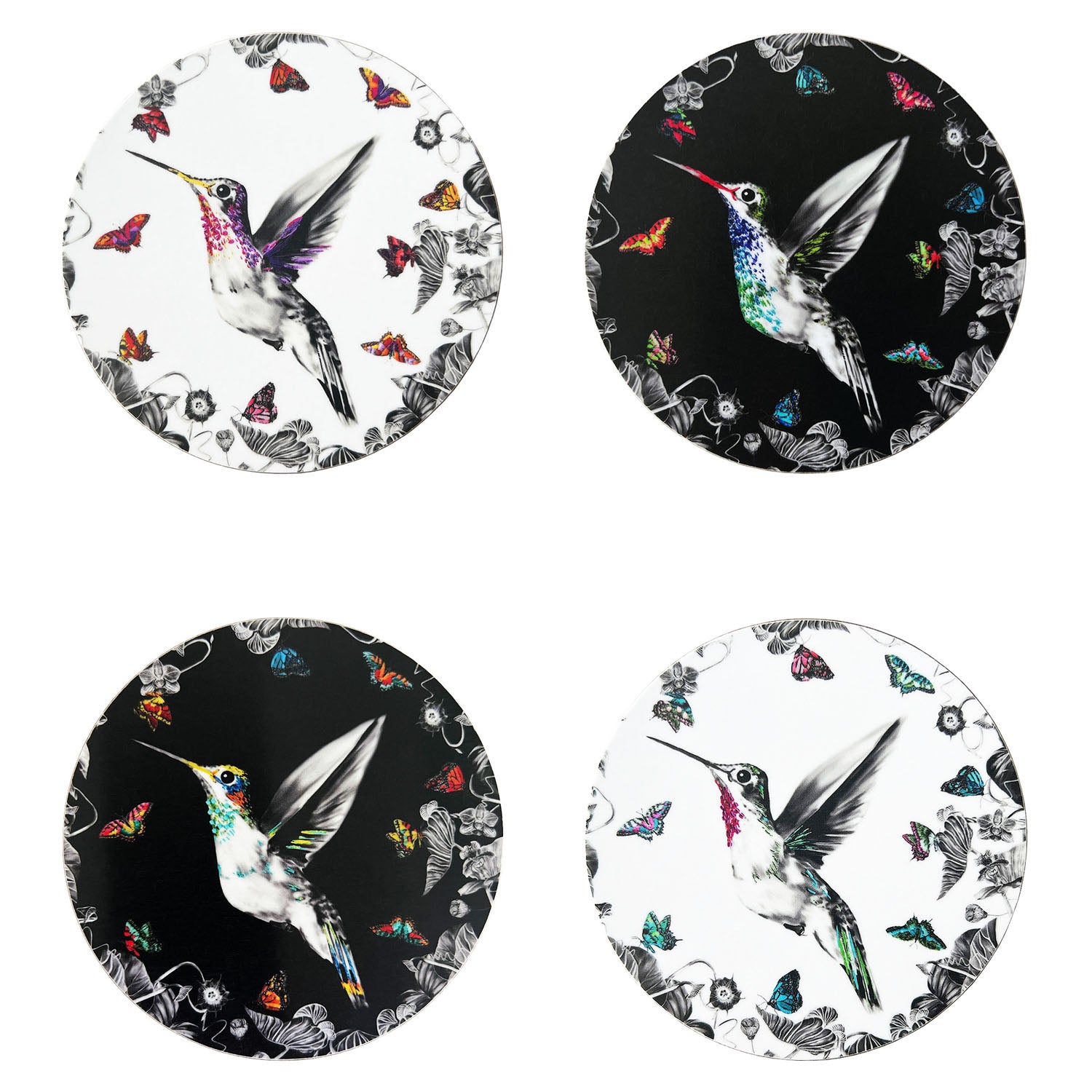 White & black set of 4  hummingbird coasters