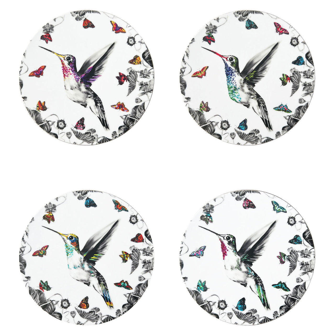 Set of 4 white hummingbird coasters