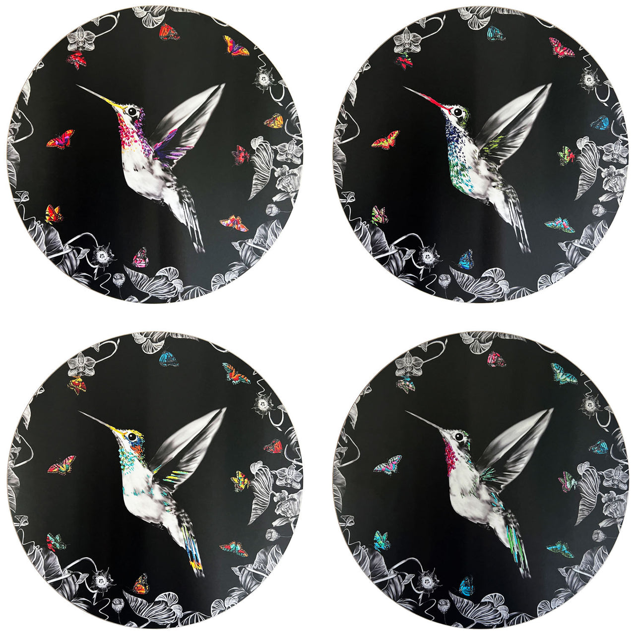 Set of 4 black hummingbird placemats
