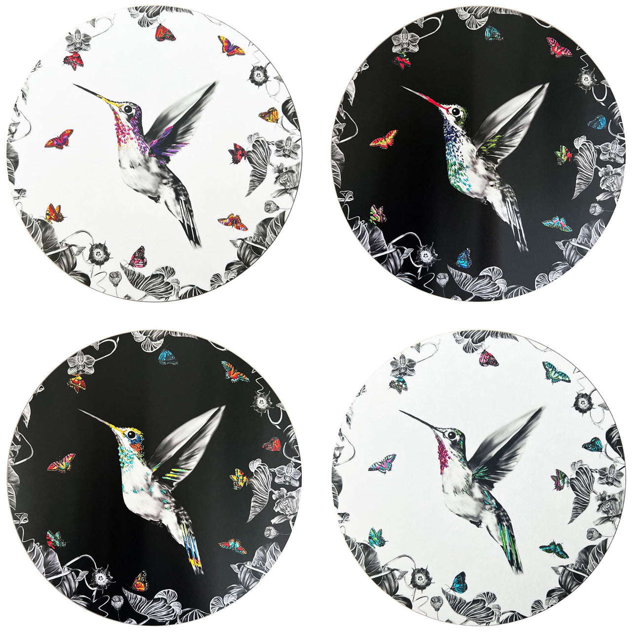 White and black hummingbird set of 4 placemats