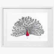 Peacock hand embroidered limited edition print in frame on the wall