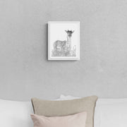 Deer pencil drawing art print in white frame on the wall