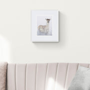 Deer hand embroidered limited edition print in white frame on the wall