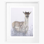 Deer hand embroidered limited edition print in white frame